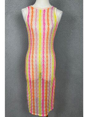 Miken  Women's Swim Neon Striped Crochet Cover-Up Dress Small Multicolor NWT's